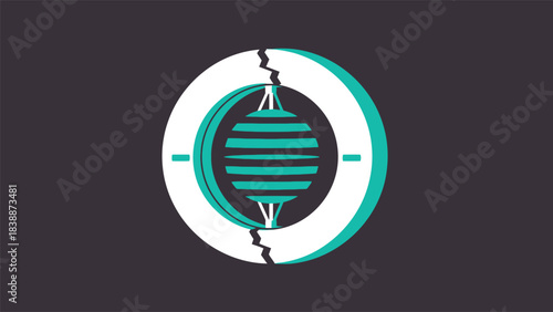 Abstract graphic design featuring a cracked white outer ring partially enclosing a teal, horizontally striped sphere against a dark gray background