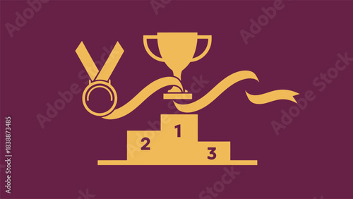 Gold medal, trophy, and first place podium illustration symbolizing victory, achievement, competition success, and winning in sports or any contest