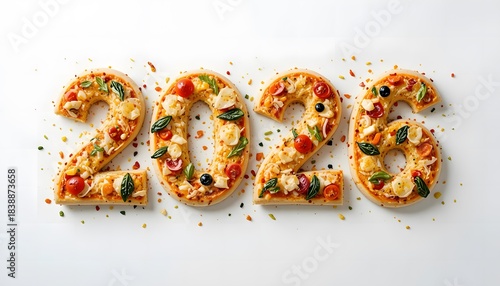 Attractive New Year 2026 Pizza on White Background. new years pizza 2026