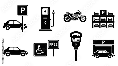 A collection of black silhouette icons representing various aspects of vehicle parking and infrastructure.