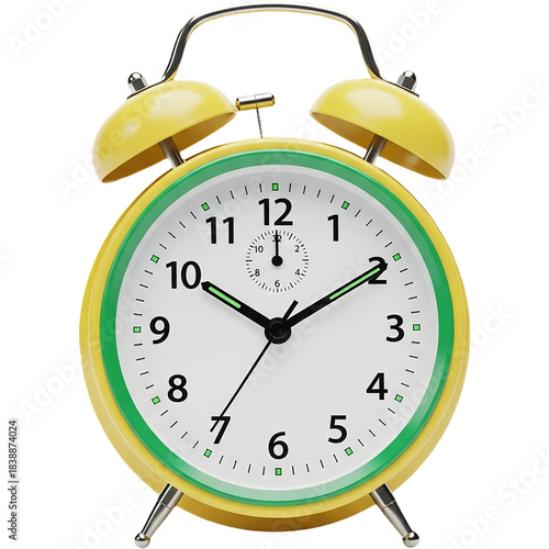 Vintage yellow twin bell analog alarm clock with white dial green accents and classic metal stand isolated on white background ideal for time management and home decor concepts