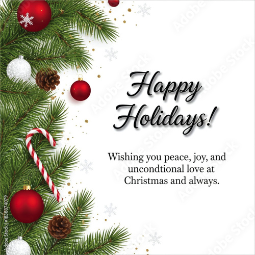 Happy holidays lettering with festive baubles, elegant hand drawn holiday typography design decorated with Christmas ornaments, seasonal winter celebration text, stylish holiday greeting illustration 