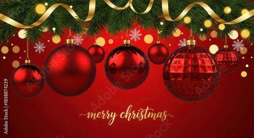 Merry Christmas and Happy New Year greeting card featuring a decorated winter tree with gold star, festive balls, and season's ornaments