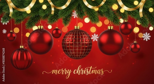 Gold and Red ornament ball on a Christmas tree with snow for a winter holiday greeting card design