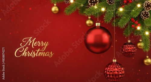 Merry Christmas holiday card background design with red and gold decoration balls, snowflake ornaments, and a festive new year tree.