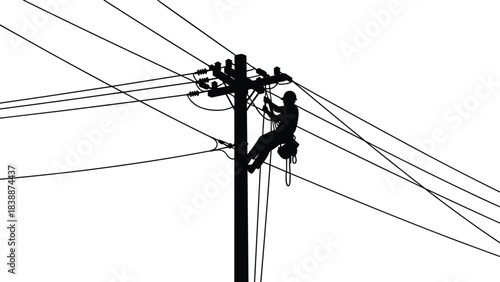 Silhouette of lineman working on a utility pole with many wires against a white background electrician
