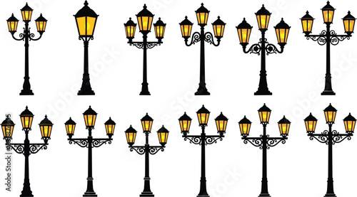 Set of ornate black street lamps with glowing yellow lanterns in vintage style lamp post