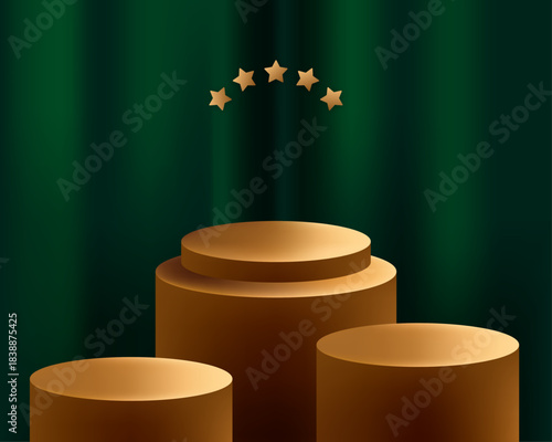 Bronze or Gold Tiered Product Display Stage with Three Round Podiums and Five Hovering Golden Stars, Set Against a Vertical Folding Dark Green Velvet Curtain Background, Ideal for Award Ceremonies