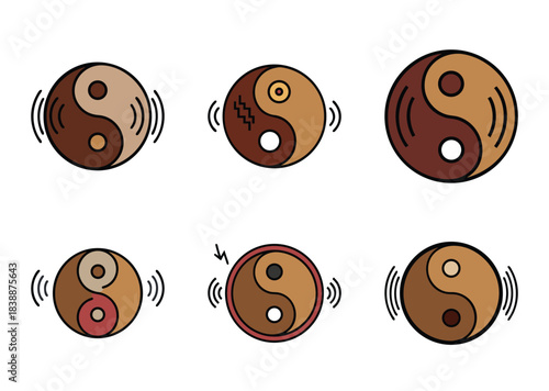 Six Colorful Yin Yang Symbols with Varied Styles and Energy Signifiers