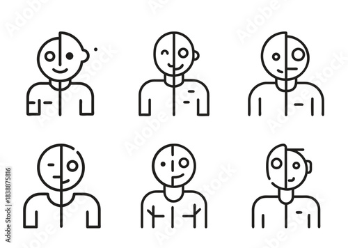 Stylized black and white line drawing of humanoid figures with different facial features