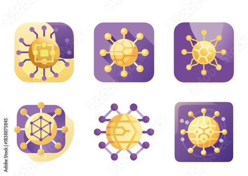 Various golden circular network nodes with connection points within purple squares