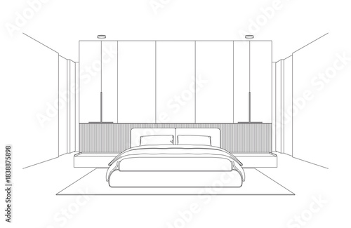 Vector illustration of comfortable bedroom interior with nightstand and decorations and art on bedroom wall.