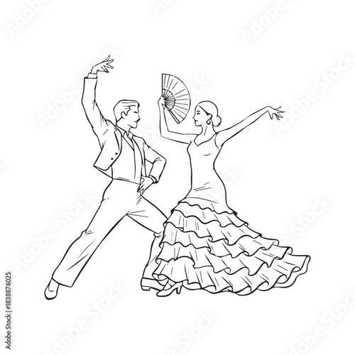 Continuous line drawing of Spanish Flamenco dancers. Vector minimalist couple dancing with traditional fan and ruffled dress illustration.
