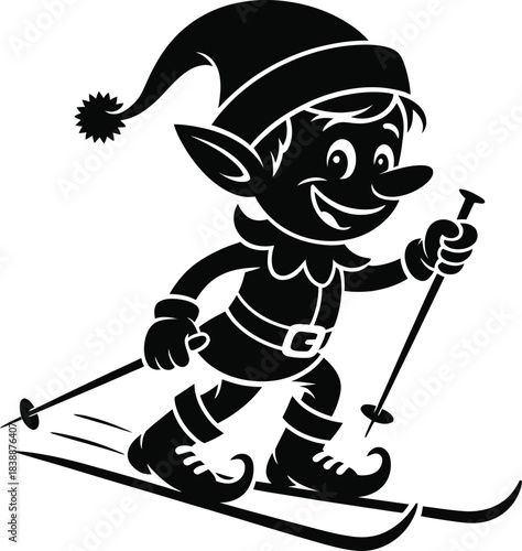 Christmas Elf Skiing Silhouette  Cute Holiday Cartoon Winter Activity