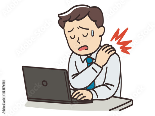 デスクワークで肩こりに悩む男性ビジネスマンのイラスト
