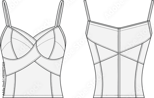 Fashion flat sketch of a light pink strappy bustier top front and back views drawing illustration