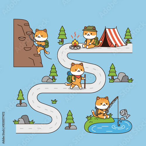 A charming and cute pastel colour illustration showcasing kawaii cats enjoying various outdoor adventures, from rock climbing to fishing and camping, perfect for playful designs and creative projects