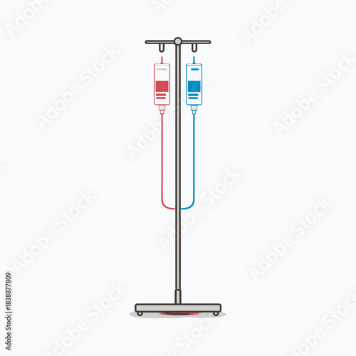 Colorful iv stand with hanging infusion bags and tubing on white background