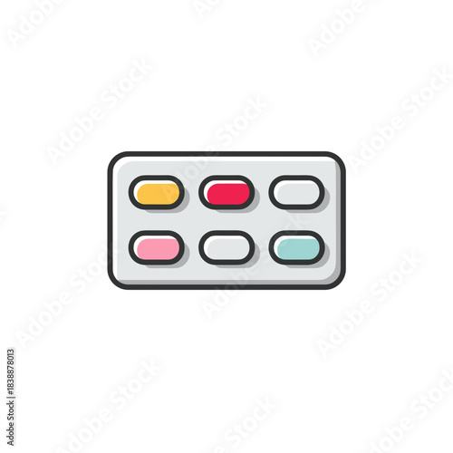 Colorful horizontal medicine blister pack with assorted pills in flat vector style isolated on white background for pharmacy healthcare and medication concepts