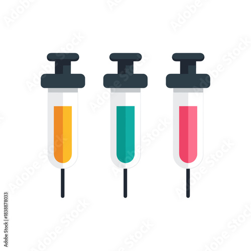Simple colorful vector illustration of three medical syringes with different liquid colors isolated on white background