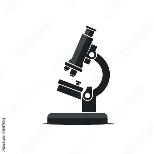 Black and white microscope icon in modern flat style representing laboratory science and medical research