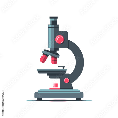 Detailed modern microscope illustration isolated on white background, scientific research and laboratory equipment concept in clean flat style