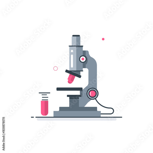 Modern laboratory microscope with test tube illustration isolated on white background, science research and medical analysis concept in flat design