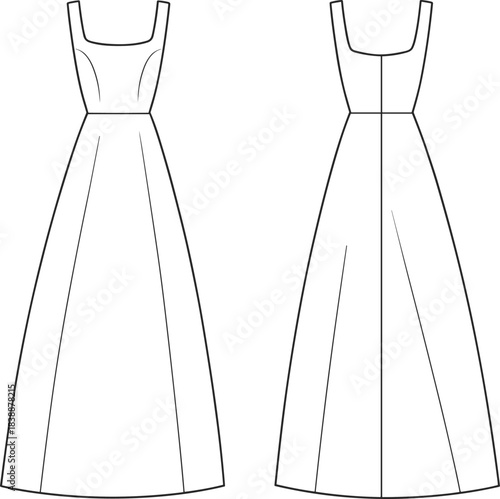 Fashion flat sketch of a white sleeveless A-line maxi dress front and back views drawing illustration