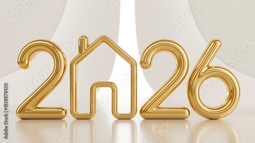 Golden 2026 new year house concept on white background
