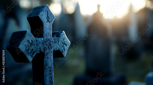 A weathered stone cross stands prominently, adorned with subtle engravings, in a serene cemetery under the soft glow of the setting sun, evoking peace and remembrance.
