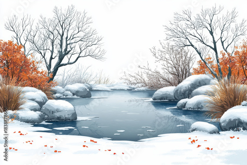 Snowy winter landscape with frozen pond and bare trees
