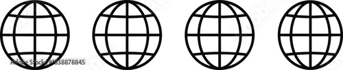 Four identical black globe icons with grid lines on white background world earth