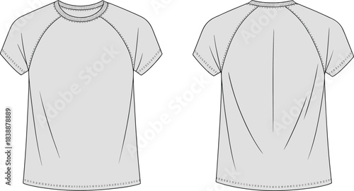 Front and back flat sketch of a light grey raglan sleeve t-shirt on white background Keywords: t-shirt, shirt, apparel, clothing