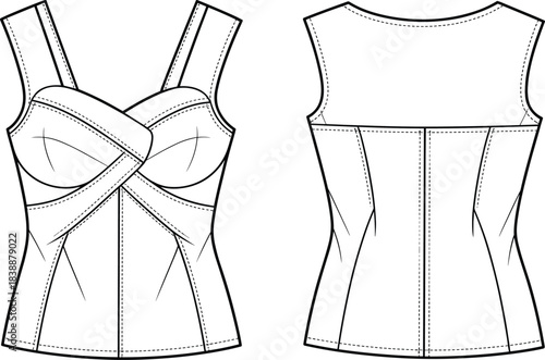 Front and back flat sketch of a white twisted bustier top on white background Keywords: bustier, top, apparel, clothing, fashion