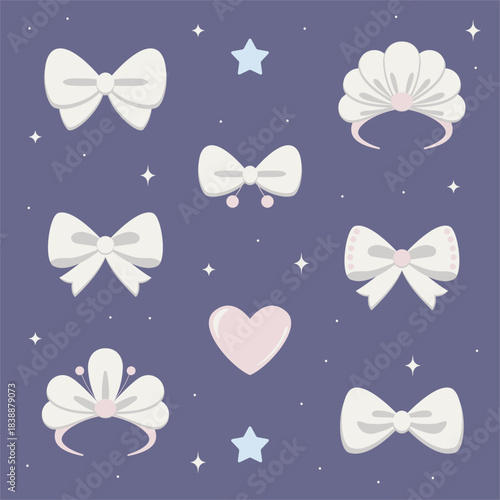Cute bow and tiara clipart set in Cloud Dancer palette. Cloud Dancer inspired pastel bow clipart with stars and heart. 