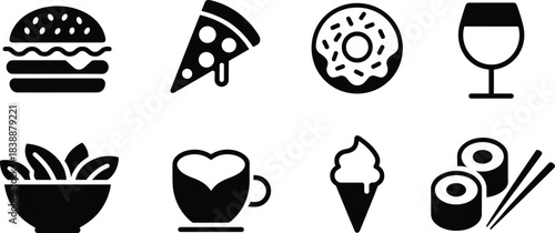 Set of black food and drink icons including burger, pizza, donut, wine, salad, coffee, ice cream and sushi in simple vector style