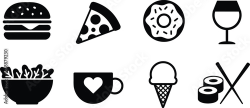 Set of black food and drink icons including burger, pizza, donut, wine, salad, coffee, ice cream and sushi in simple vector style