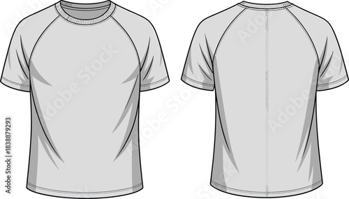 Front and back view of a plain grey short sleeve raglan t-shirt with white background t shirt