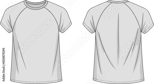 Front and back view of a plain grey short sleeve raglan t-shirt with white background t shirt