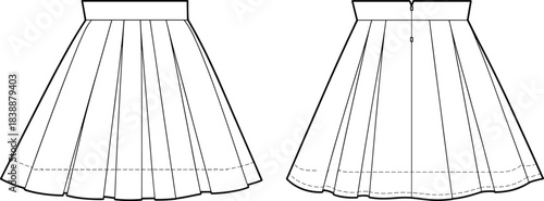 Front and Back View of a Pleated Skirt with Zipper Fashion Design Sketch Keywords: skirt, pleated, fashion, design, sketch