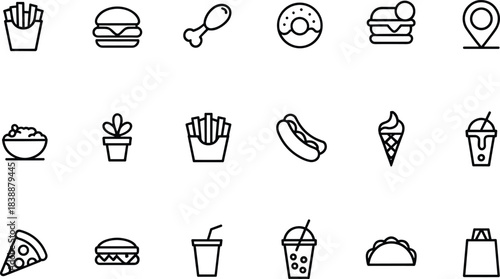 Set of twenty food outline icons including burgers, pizza, donuts, ice cream, drinks, fries, tacos and snacks in simple vector style