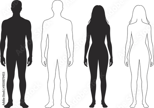Black and white silhouettes of male and female full body figures vector illustration