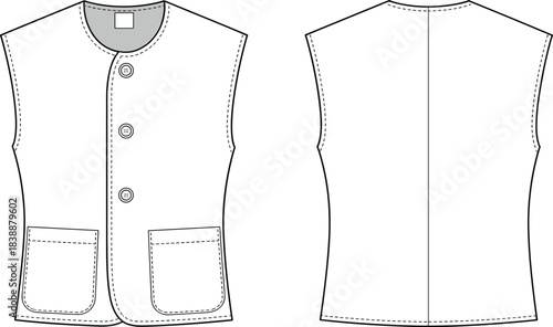 Front and back view of a sleeveless vest fashion flat with pockets and buttons waistcoat apparel