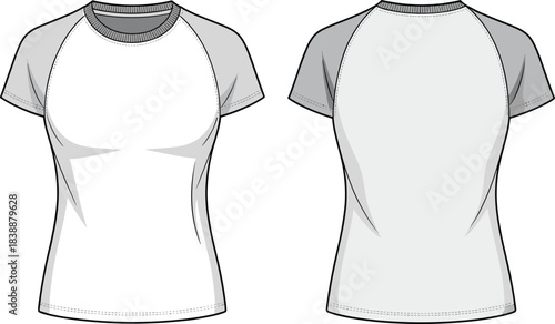 Front and back view of a white and grey raglan sleeve t-shirt fashion flat short sleeve