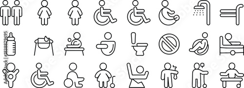 Collection of black and white line art icons for accessibility and healthcare disabled wheelchair