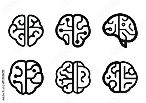 Six Different Brain Icons Showing Neural Pathways and Various Anatomical Designs