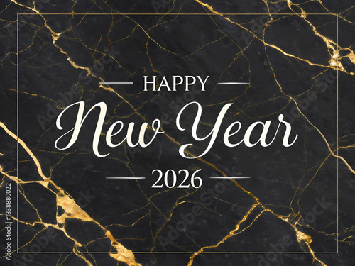 Elegant Black Marble New Year 2026 Greeting with Gold Veins Typography