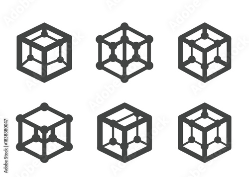 Six stylized cube icons depicting connection and structure arrangements with nodes