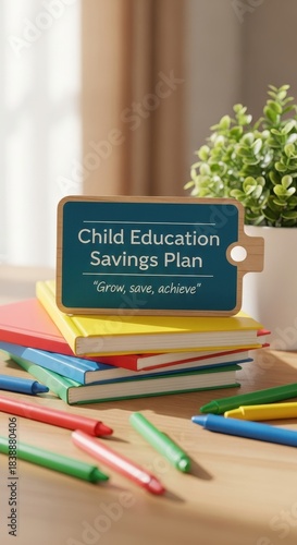 Child education savings plan sign rests atop colorful stacked books, symbolizing future financial goals and academic growth