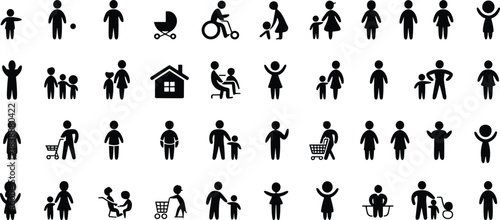Comprehensive set of black human silhouette icons for family and daily life people silhouettes